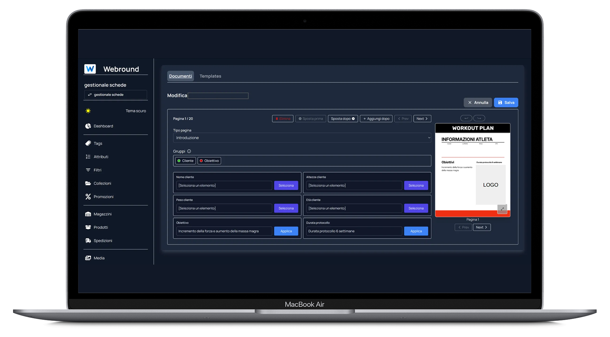 Screenshot della sezione di modifica di un template per schede di allenamento personalizzate