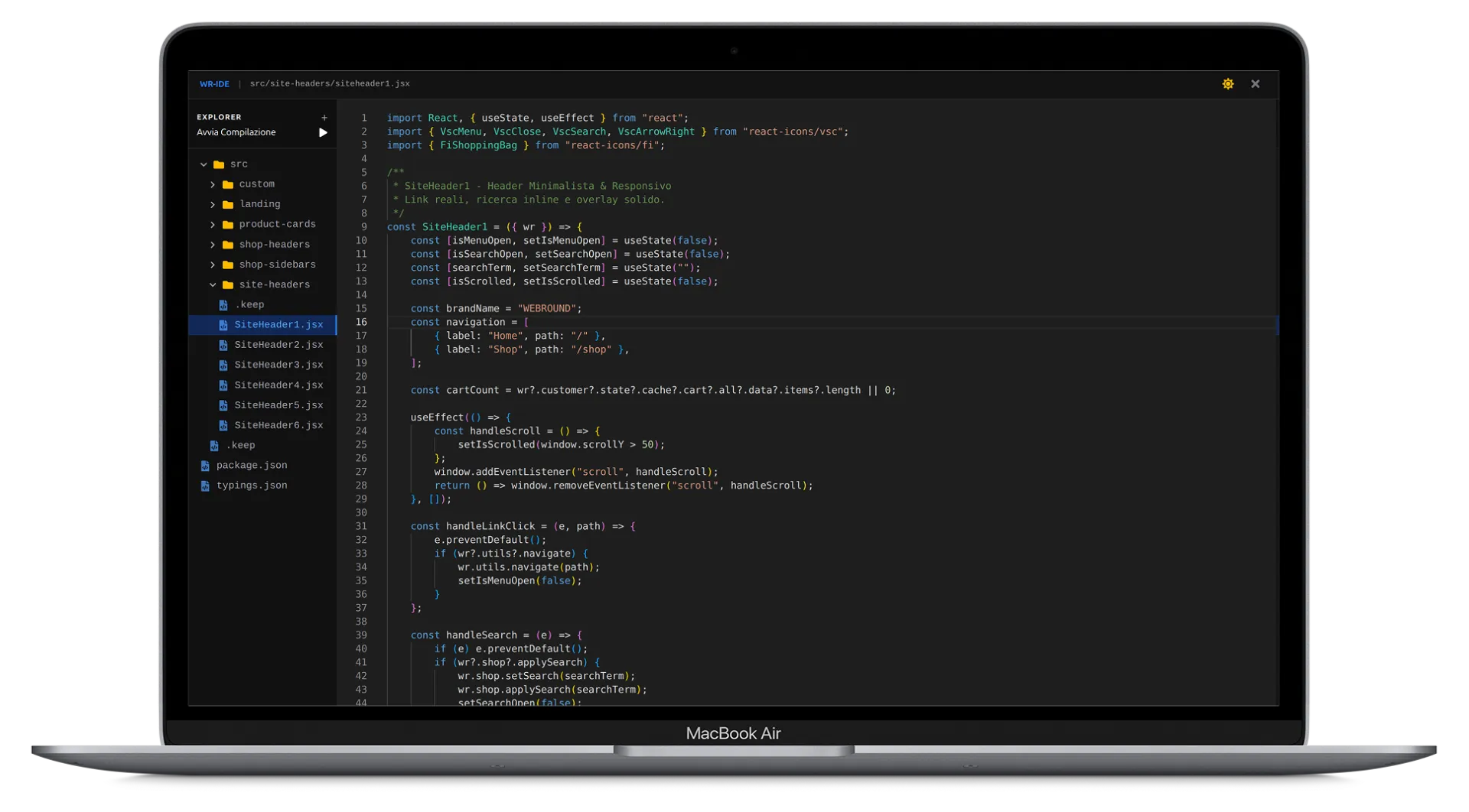Editor di codice React integrato in Webround