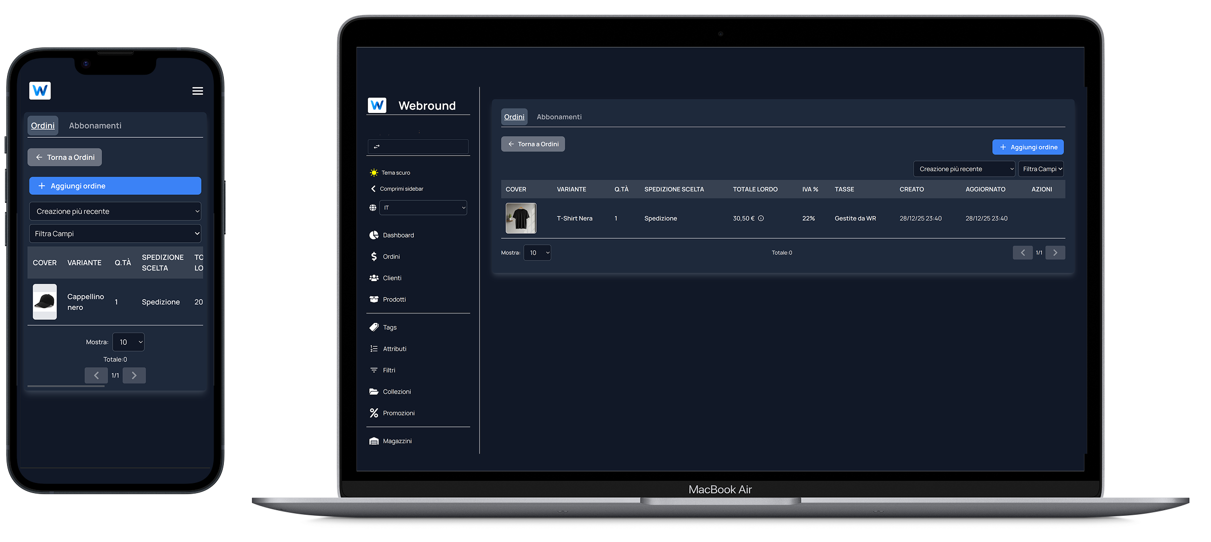 Visualizzazione dettagliata degli articoli di un ordine Webround Commerce