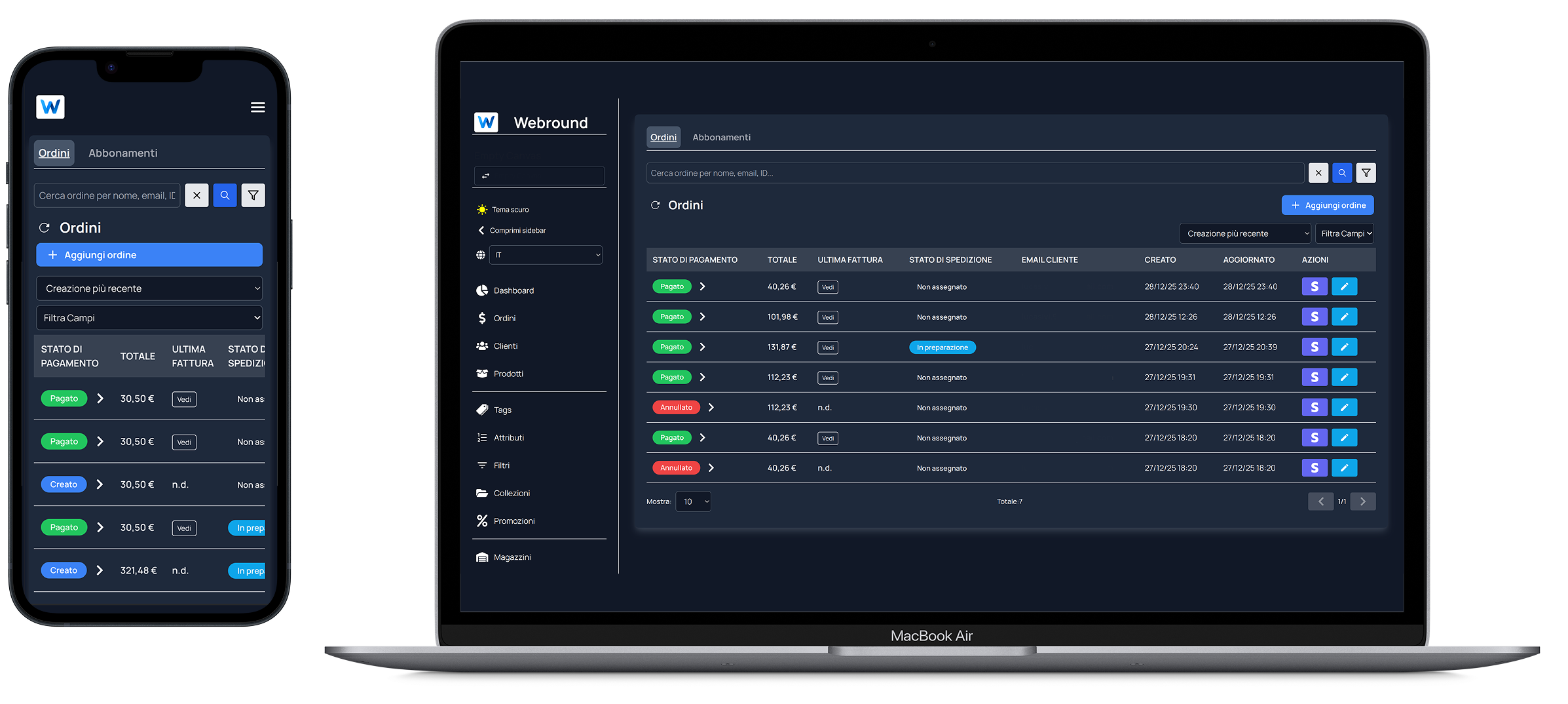 Anteprima della sezione 'Ordini' di uno store Webround Commerce